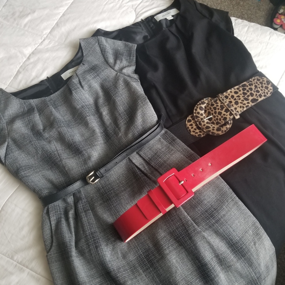 MERONA 2 Sheath Belted Pleated W/ Pockets DRESS Lot (Womens 8) Cap Sleeve